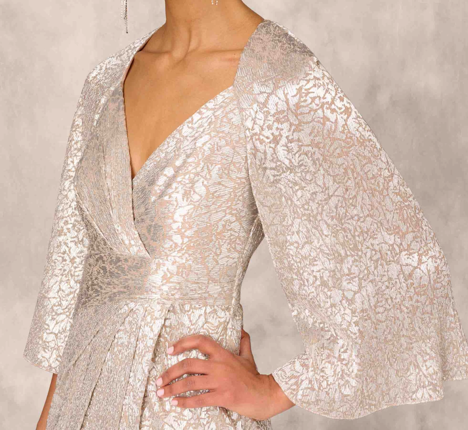 Pleated Foiled Long Column Dress With Slit And Flutter Sleeves In Silver Gold 6 Pleated Foiled Long Column Dress With Slit And Flutter Sleeves In Silver Gold - Image 6