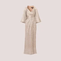 Pleated Foiled Long Column Dress With Slit And Flutter Sleeves In Silver Gold 13 Pleated Foiled Long Column Dress With Slit And Flutter Sleeves In Silver Gold -Glam Mirth Sales MD1E207436 AH063 Regular Flat