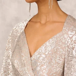 Pleated Foiled Long Column Dress With Slit And Flutter Sleeves In Silver Gold 10 Pleated Foiled Long Column Dress With Slit And Flutter Sleeves In Silver Gold -Glam Mirth Sales MD1E207436 AH063 Regular Lifestyle