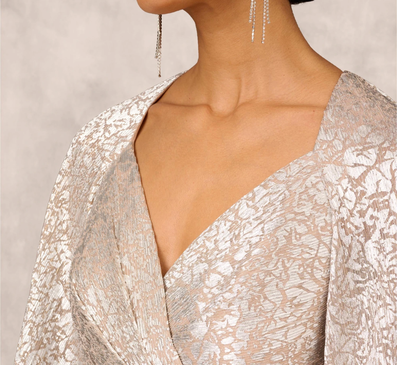 Pleated Foiled Long Column Dress With Slit And Flutter Sleeves In Silver Gold 4 Pleated Foiled Long Column Dress With Slit And Flutter Sleeves In Silver Gold - Image 4