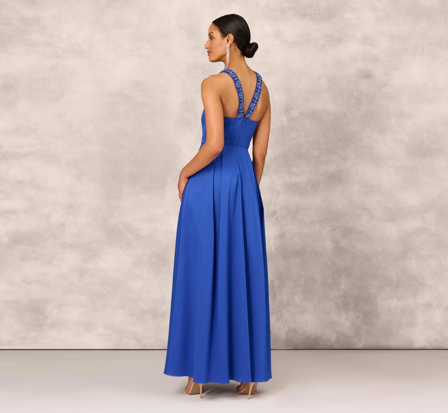 V-Neck Mikado Gown With Jewel Beaded Straps In Royal Sapphire 3 V-Neck Mikado Gown With Jewel Beaded Straps In Royal Sapphire - Image 3