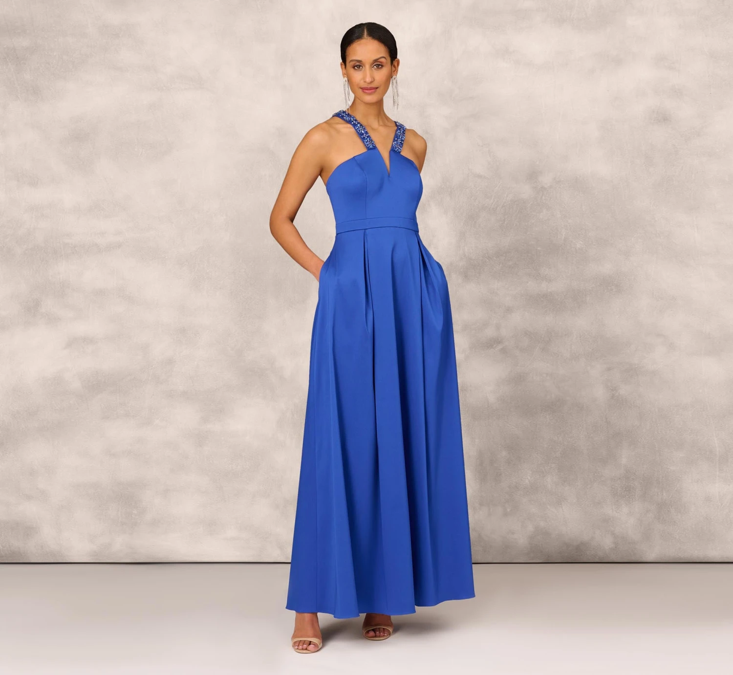 V-Neck Mikado Gown With Jewel Beaded Straps In Royal Sapphire 1 V-Neck Mikado Gown With Jewel Beaded Straps In Royal Sapphire