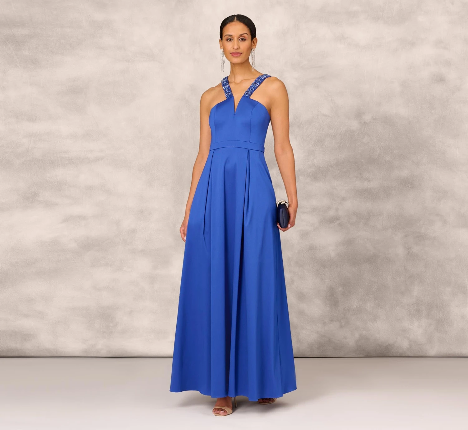 V-Neck Mikado Gown With Jewel Beaded Straps In Royal Sapphire 2 V-Neck Mikado Gown With Jewel Beaded Straps In Royal Sapphire - Image 2