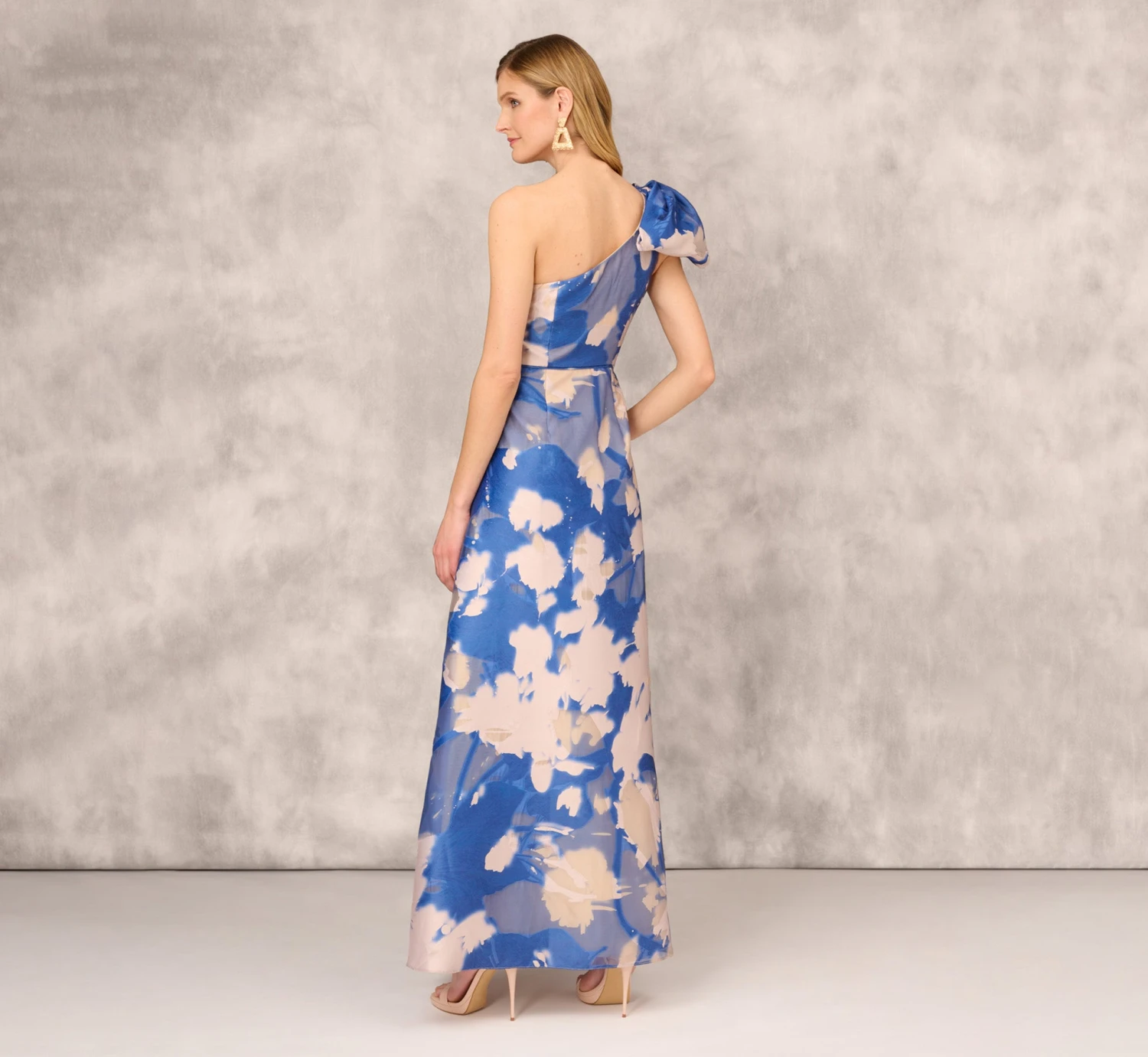 Floral Jacquard One Shoulder Ball Gown With Bow Accent In Royal Sapphire 4 Floral Jacquard One Shoulder Ball Gown With Bow Accent In Royal Sapphire - Image 4