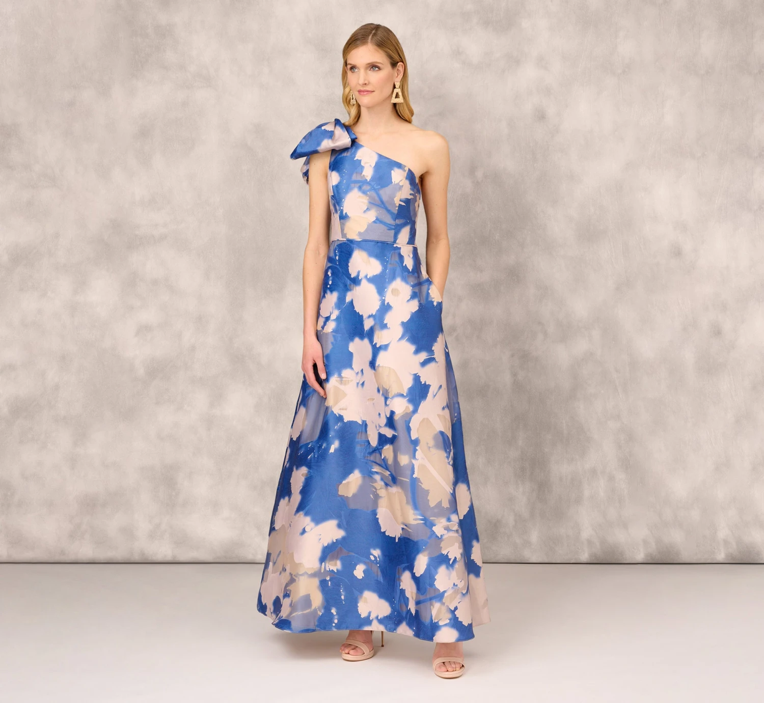 Floral Jacquard One Shoulder Ball Gown With Bow Accent In Royal Sapphire 1 Floral Jacquard One Shoulder Ball Gown With Bow Accent In Royal Sapphire