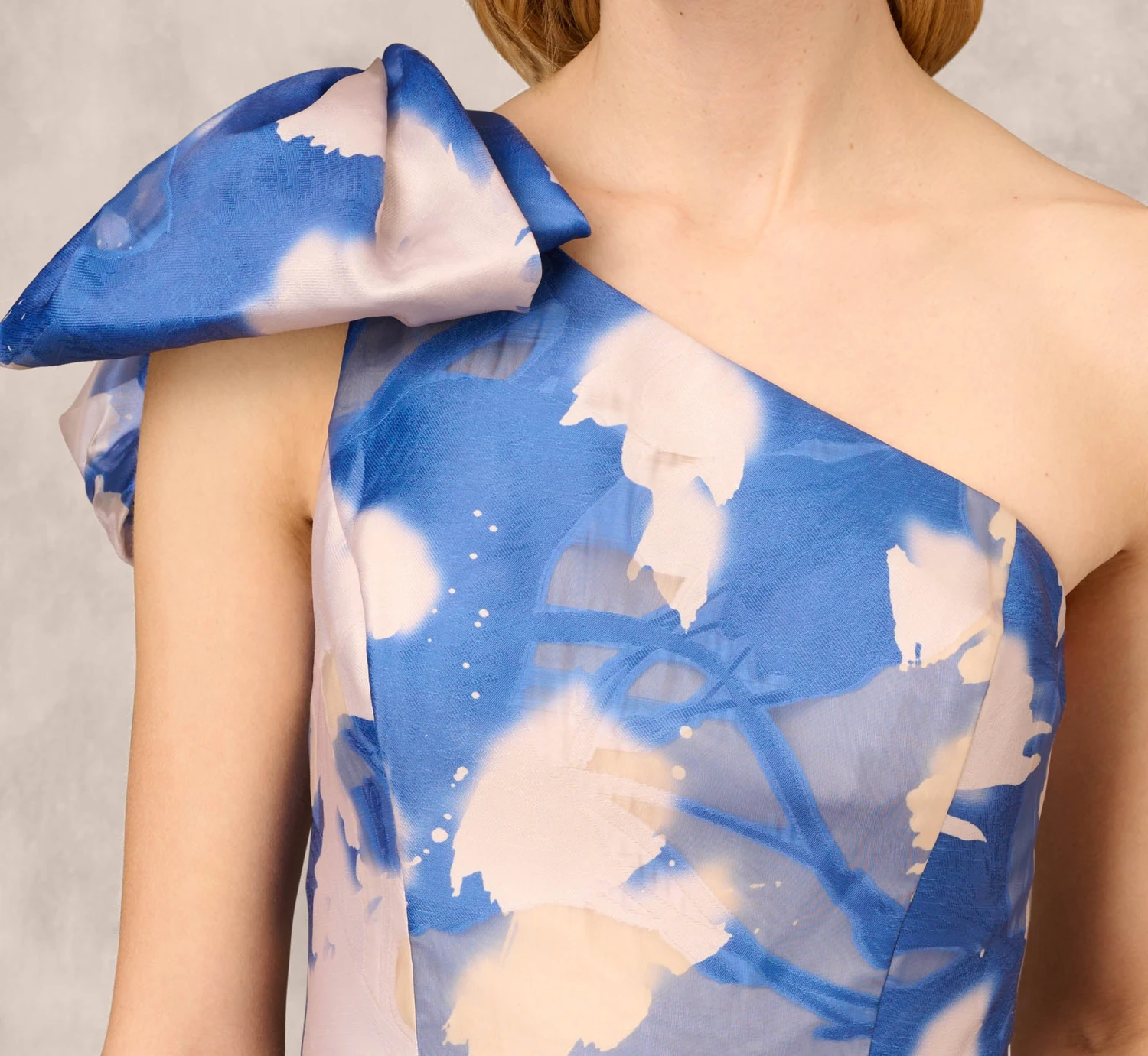 Floral Jacquard One Shoulder Ball Gown With Bow Accent In Royal Sapphire 3 Floral Jacquard One Shoulder Ball Gown With Bow Accent In Royal Sapphire - Image 3