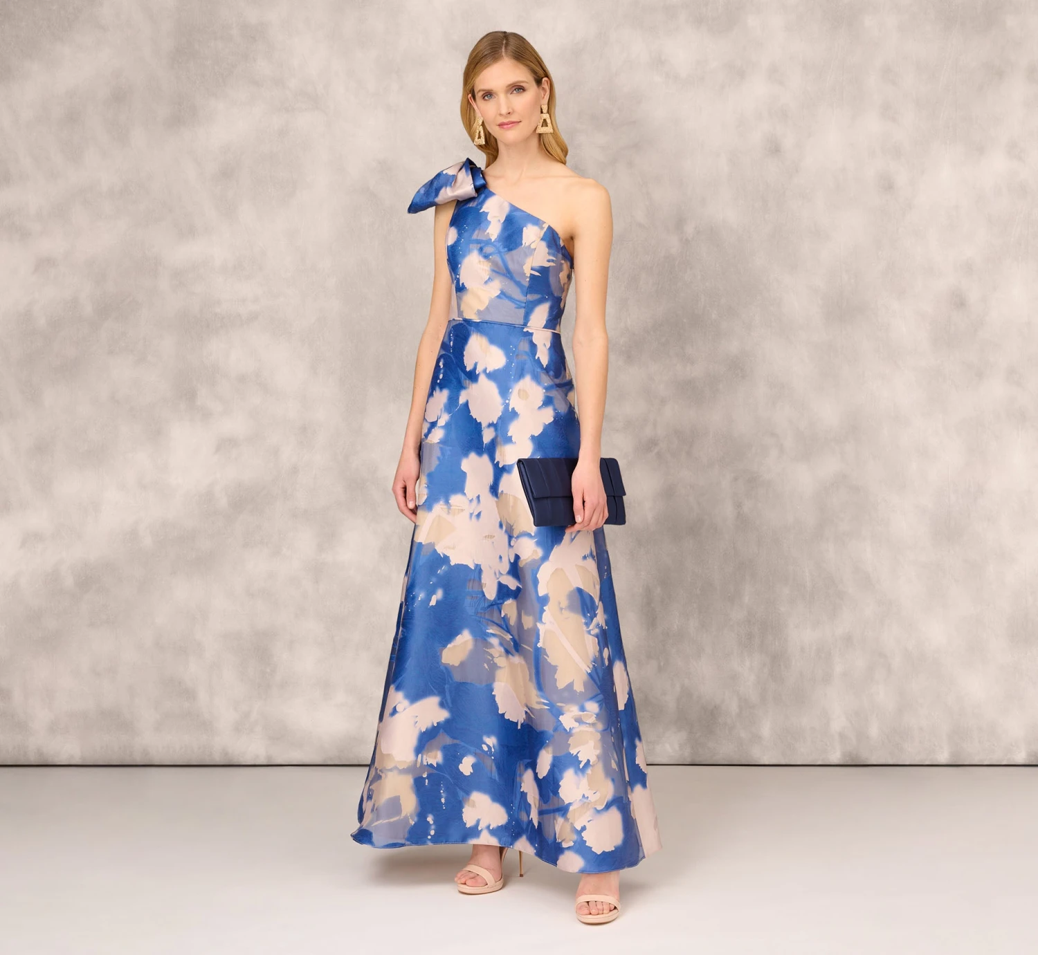 Floral Jacquard One Shoulder Ball Gown With Bow Accent In Royal Sapphire 2 Floral Jacquard One Shoulder Ball Gown With Bow Accent In Royal Sapphire - Image 2