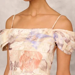 Off The Shoulder Printed Metallic Jacquard Ball Gown In Bronze Multi 9 Off The Shoulder Printed Metallic Jacquard Ball Gown In Bronze Multi -Glam Mirth Sales MD1E207638 AB233 Regular Detail