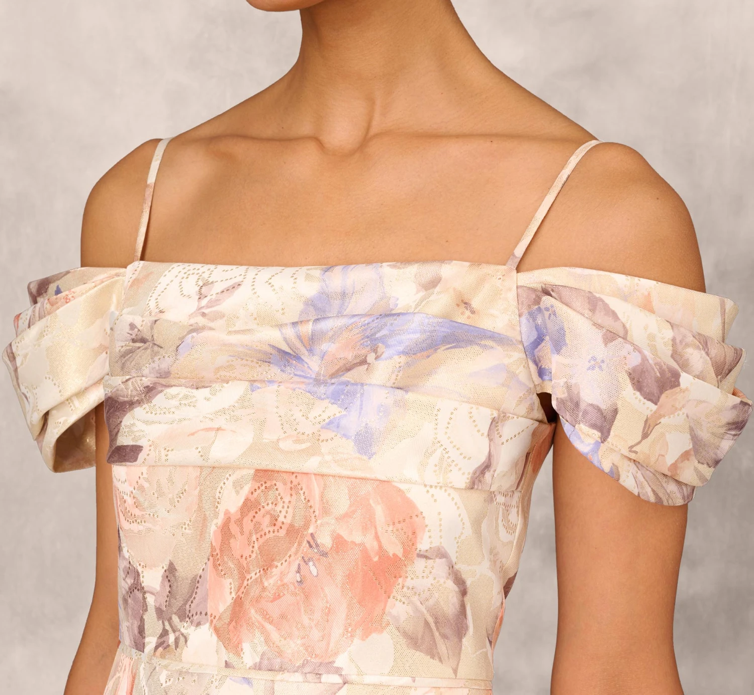 Off The Shoulder Printed Metallic Jacquard Ball Gown In Bronze Multi 3 Off The Shoulder Printed Metallic Jacquard Ball Gown In Bronze Multi - Image 3