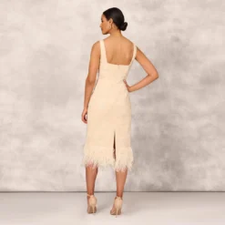 Sequined And Embroidered Midi-Length Sheath Cocktail Dress With Feather Trim In Champagne 9 Sequined And Embroidered Midi-Length Sheath Cocktail Dress With Feather Trim In Champagne -Glam Mirth Sales MD1E207643 AA100 Regular Back