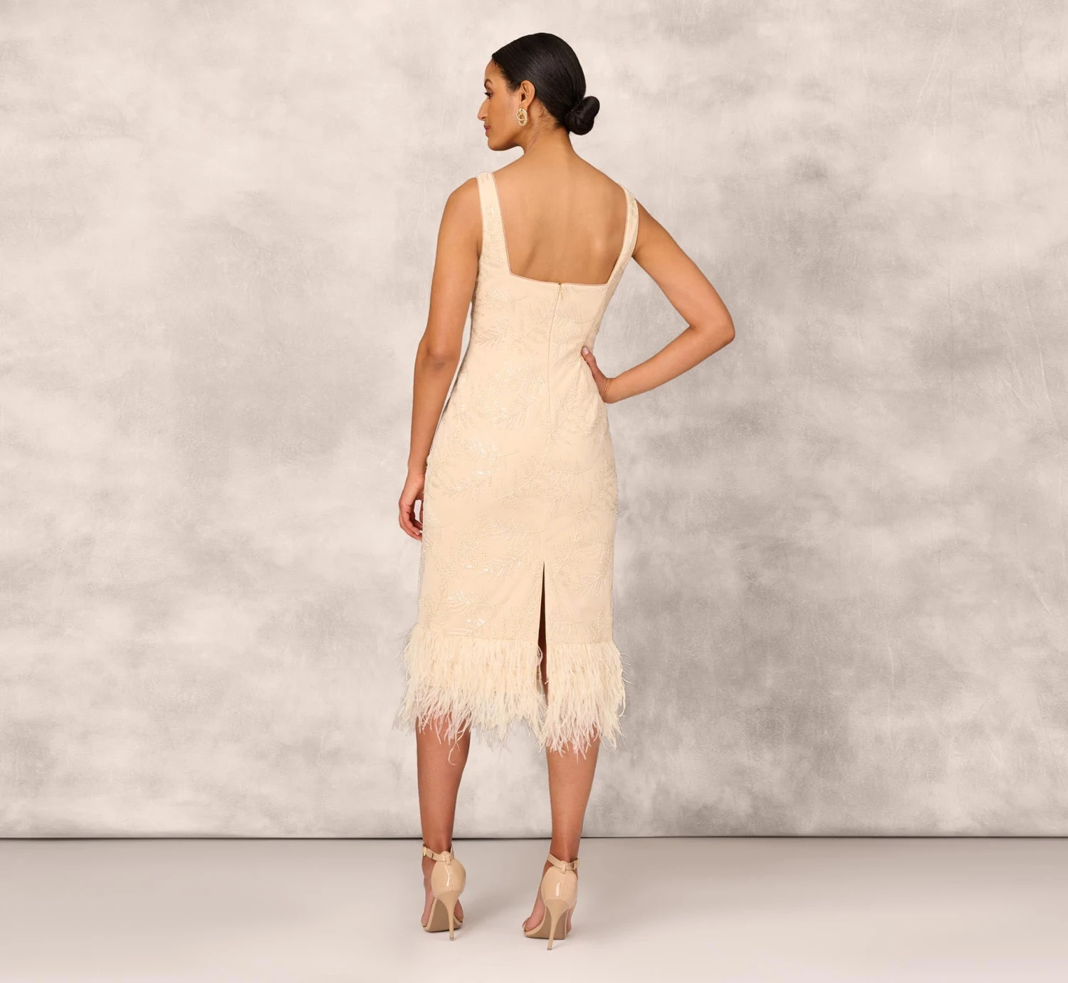 Sequined And Embroidered Midi-Length Sheath Cocktail Dress With Feather Trim In Champagne 3 Sequined And Embroidered Midi-Length Sheath Cocktail Dress With Feather Trim In Champagne - Image 3