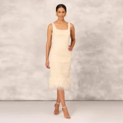 Sequined And Embroidered Midi-Length Sheath Cocktail Dress With Feather Trim In Champagne