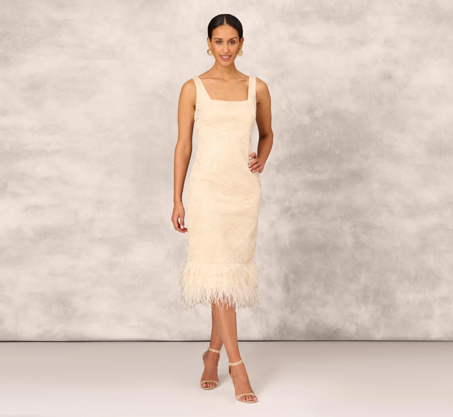 Sequined And Embroidered Midi-Length Sheath Cocktail Dress With Feather Trim In Champagne 1 Sequined And Embroidered Midi-Length Sheath Cocktail Dress With Feather Trim In Champagne
