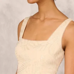 Sequined And Embroidered Midi-Length Sheath Cocktail Dress With Feather Trim In Champagne 11 Sequined And Embroidered Midi-Length Sheath Cocktail Dress With Feather Trim In Champagne -Glam Mirth Sales MD1E207643 AA100 Regular Detail