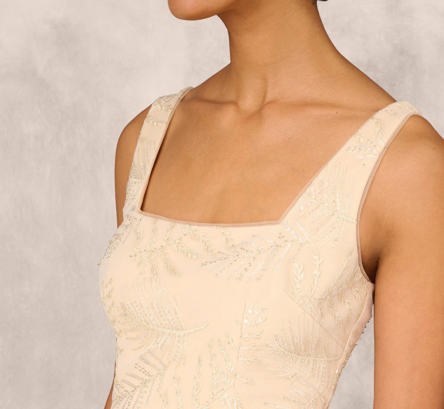 Sequined And Embroidered Midi-Length Sheath Cocktail Dress With Feather Trim In Champagne 5 Sequined And Embroidered Midi-Length Sheath Cocktail Dress With Feather Trim In Champagne - Image 5