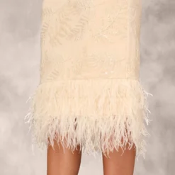 Sequined And Embroidered Midi-Length Sheath Cocktail Dress With Feather Trim In Champagne 10 Sequined And Embroidered Midi-Length Sheath Cocktail Dress With Feather Trim In Champagne -Glam Mirth Sales MD1E207643 AA100 Regular Lifestyle