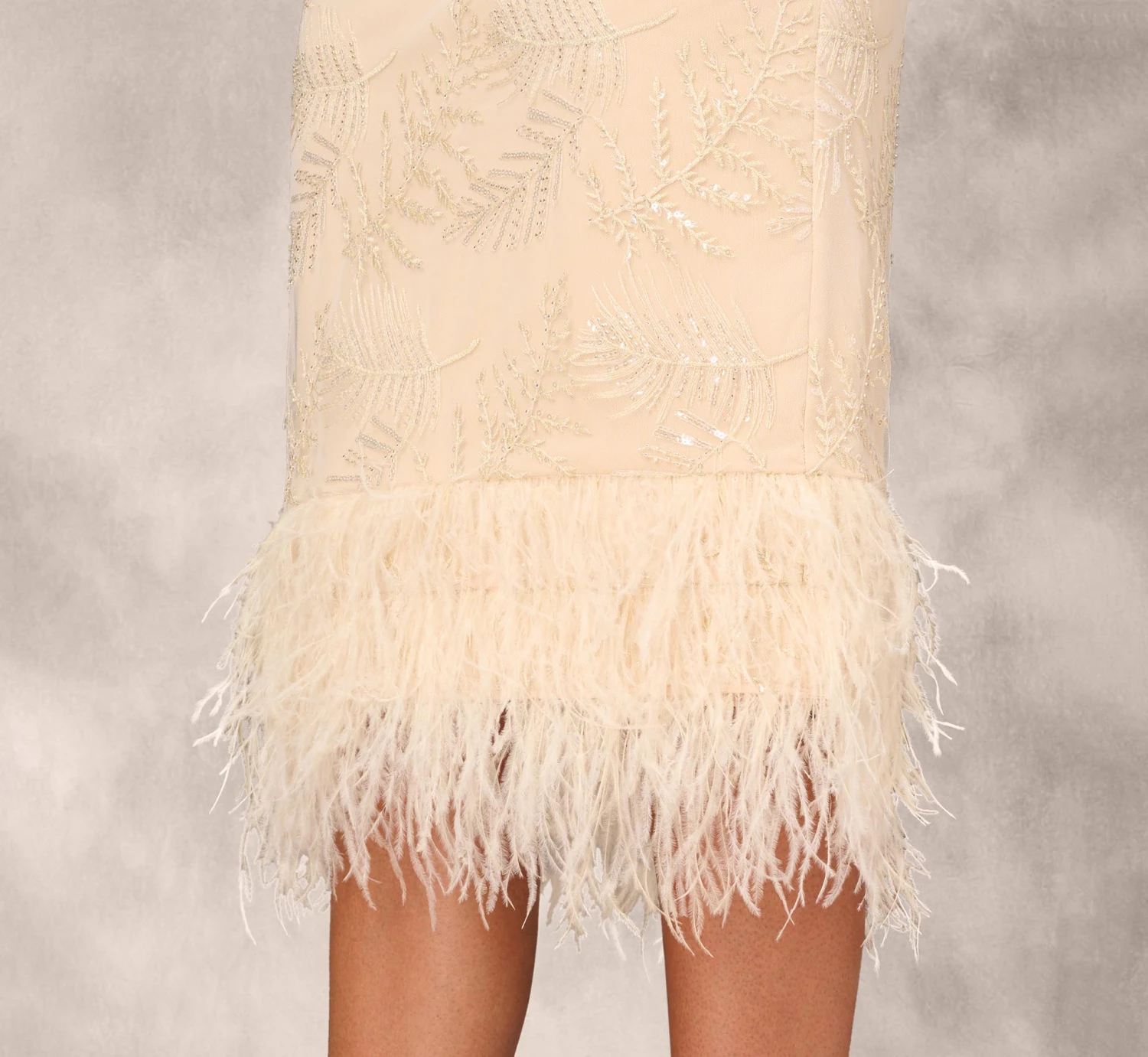 Sequined And Embroidered Midi-Length Sheath Cocktail Dress With Feather Trim In Champagne 4 Sequined And Embroidered Midi-Length Sheath Cocktail Dress With Feather Trim In Champagne - Image 4