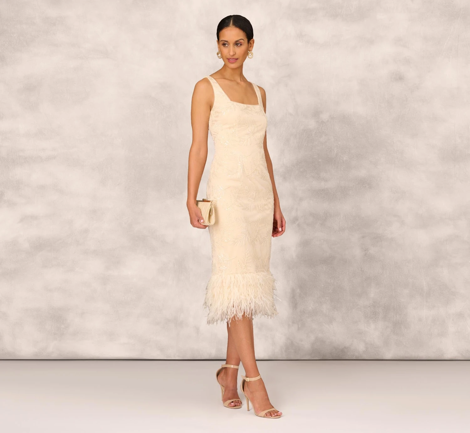 Sequined And Embroidered Midi-Length Sheath Cocktail Dress With Feather Trim In Champagne 2 Sequined And Embroidered Midi-Length Sheath Cocktail Dress With Feather Trim In Champagne - Image 2