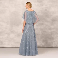 Beaded Ball Gown With Cape Sleeves In Vintage Blue -Glam Mirth Sales MD1E207719 AC466 Regular Back