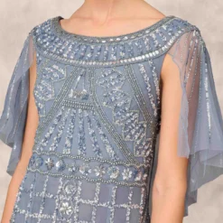 Beaded Ball Gown With Cape Sleeves In Vintage Blue -Glam Mirth Sales MD1E207719 AC466 Regular Detail