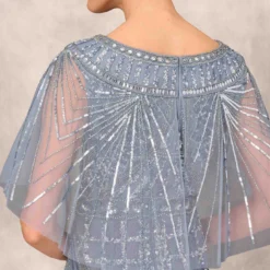 Beaded Ball Gown With Cape Sleeves In Vintage Blue -Glam Mirth Sales MD1E207719 AC466 Regular Lifestyle