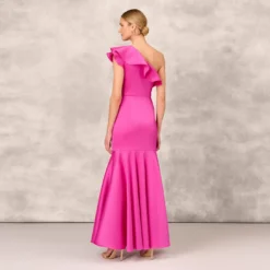 One Shoulder Mermaid Gown With Ruffle Details In Magenta 10 One Shoulder Mermaid Gown With Ruffle Details In Magenta -Glam Mirth Sales MD1E207883 AA670 Regular Back