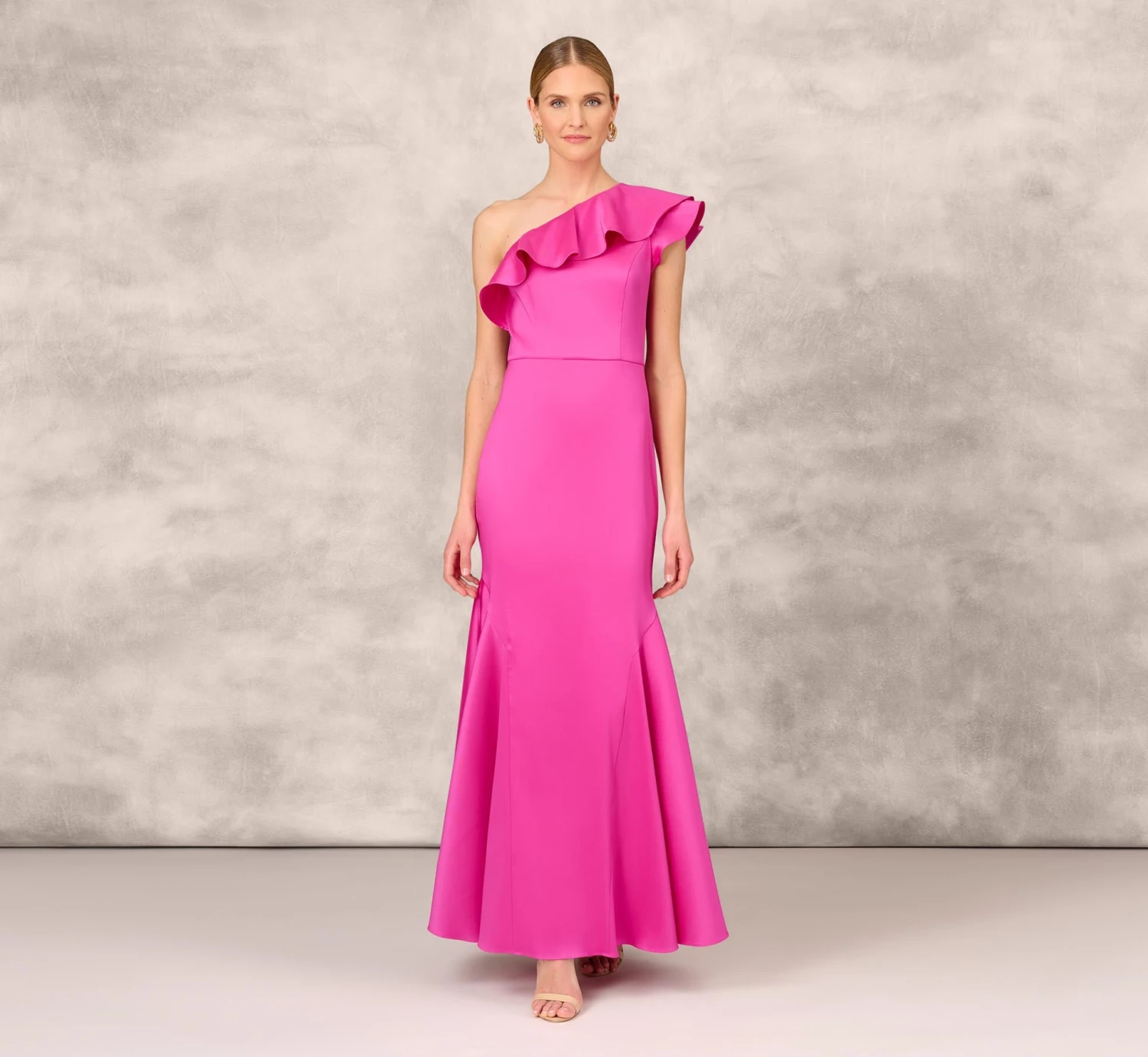 One Shoulder Mermaid Gown With Ruffle Details In Magenta 8 One Shoulder Mermaid Gown With Ruffle Details In Magenta - Image 8