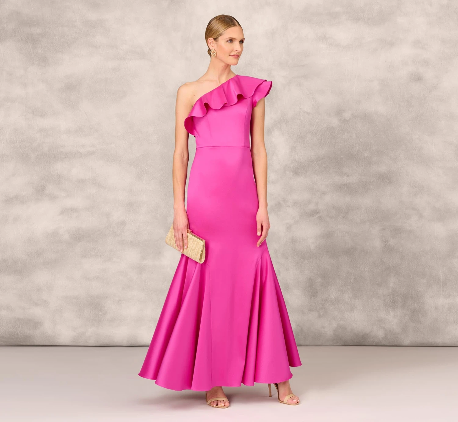 One Shoulder Mermaid Gown With Ruffle Details In Magenta 2 One Shoulder Mermaid Gown With Ruffle Details In Magenta - Image 2