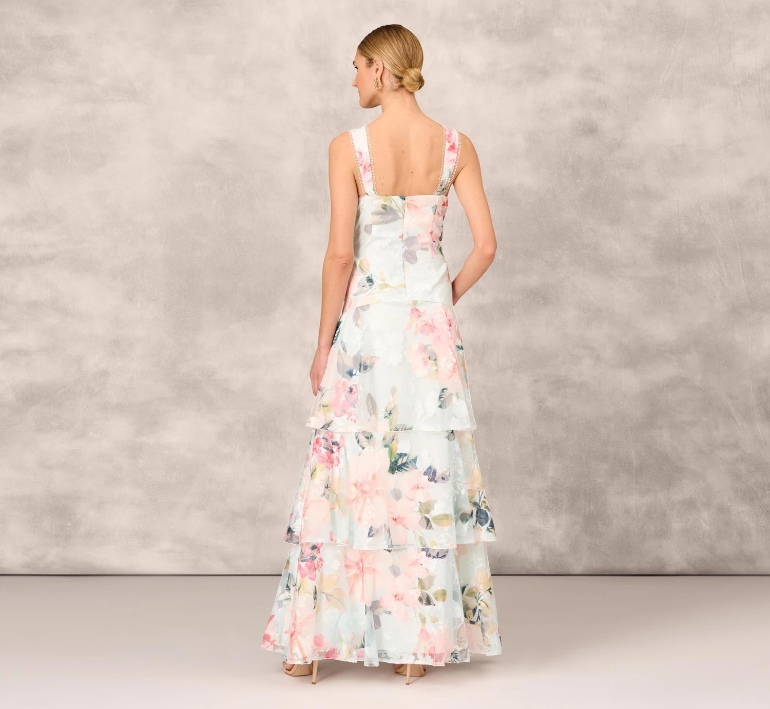 Floral Print Embroidered Long A-Line Gown In Blue Multi 4 Floral Print Embroidered Long A-Line Gown In Blue Multi - Image 4