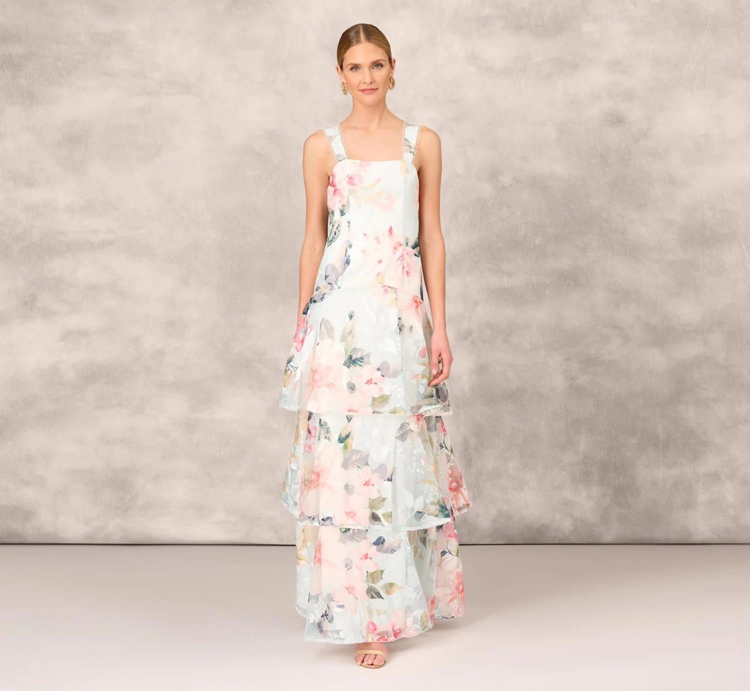 Floral Print Embroidered Long A-Line Gown In Blue Multi 1 Floral Print Embroidered Long A-Line Gown In Blue Multi