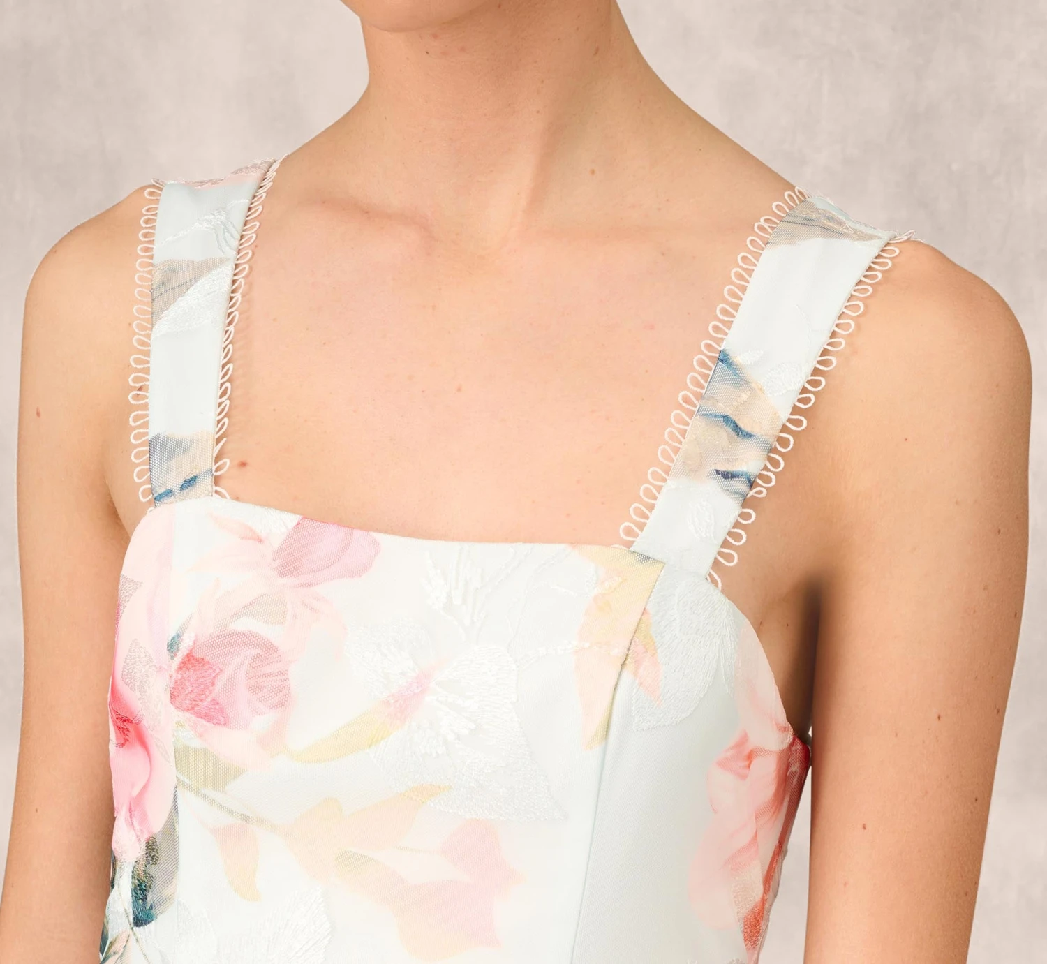 Floral Print Embroidered Long A-Line Gown In Blue Multi 3 Floral Print Embroidered Long A-Line Gown In Blue Multi - Image 3