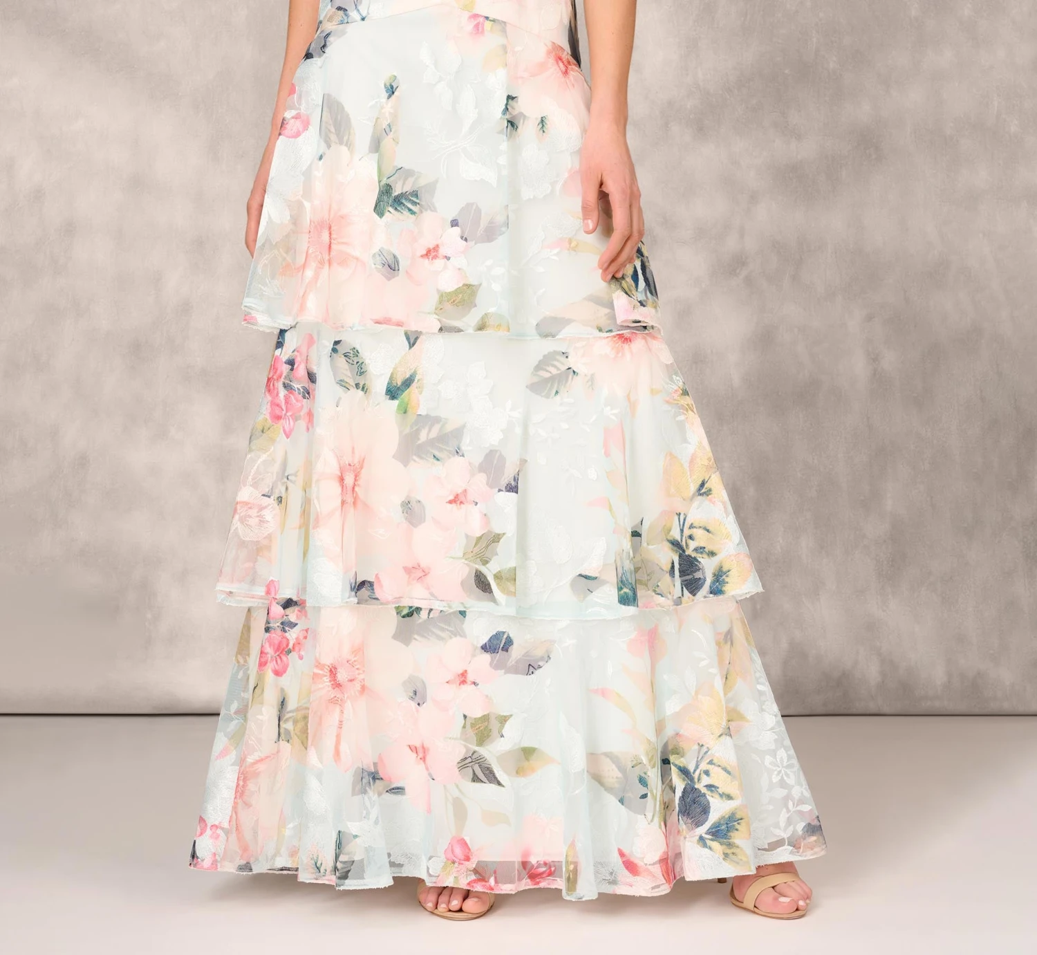 Floral Print Embroidered Long A-Line Gown In Blue Multi 5 Floral Print Embroidered Long A-Line Gown In Blue Multi - Image 5