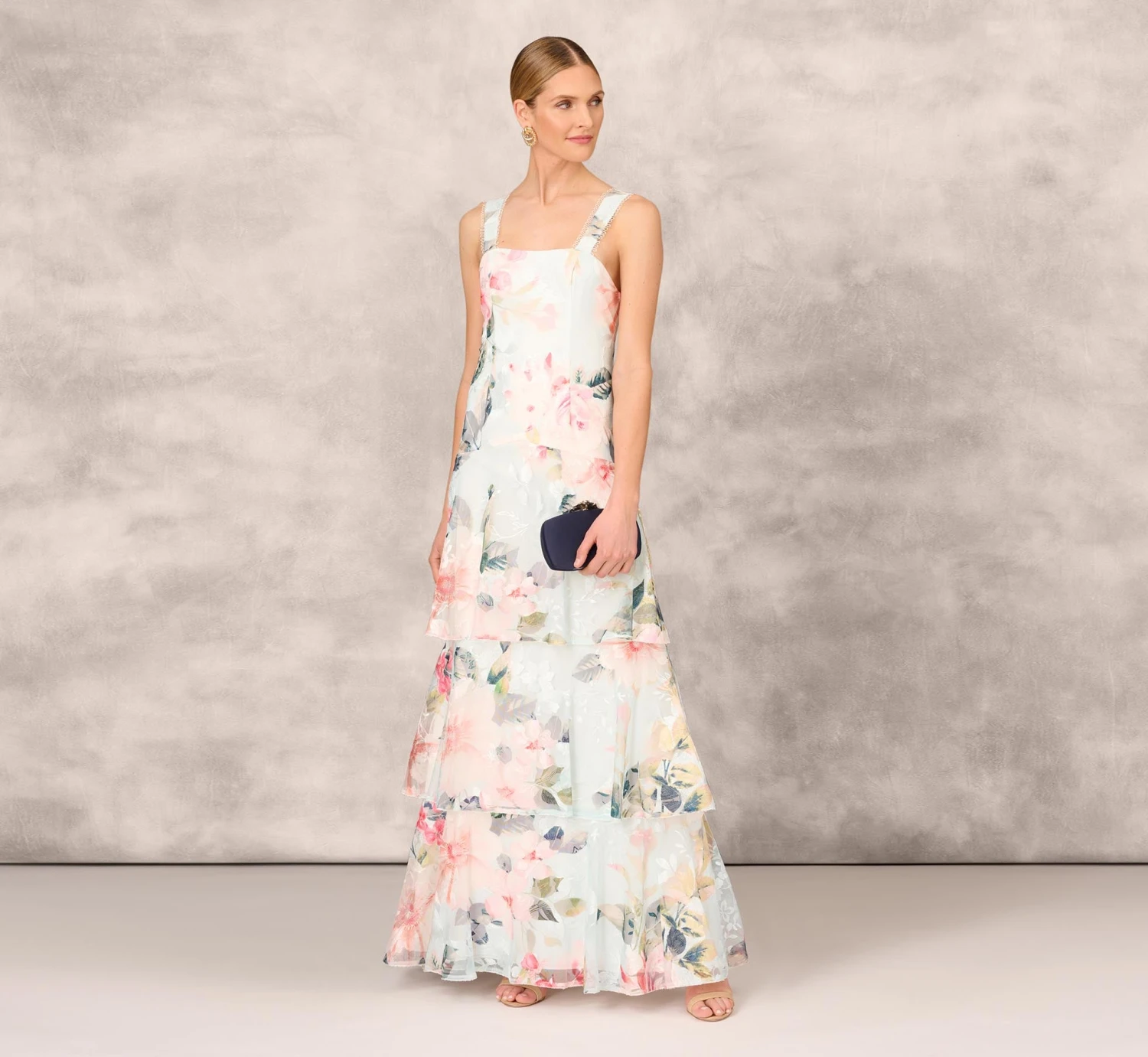 Floral Print Embroidered Long A-Line Gown In Blue Multi 2 Floral Print Embroidered Long A-Line Gown In Blue Multi - Image 2