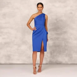 One Shoulder Crepe Cocktail Dress With Slit In Royal Sapphire 14 One Shoulder Crepe Cocktail Dress With Slit In Royal Sapphire -Glam Mirth Sales MD1E207906 AN401 Regular Front