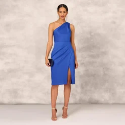 One Shoulder Crepe Cocktail Dress With Slit In Royal Sapphire 13 One Shoulder Crepe Cocktail Dress With Slit In Royal Sapphire -Glam Mirth Sales MD1E207906 AN401 Regular Side