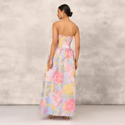 Strapless Floral Ball Gown With Drop Waist In Coral Multi 9 Strapless Floral Ball Gown With Drop Waist In Coral Multi -Glam Mirth Sales MD1E207911 AA955 Regular Back