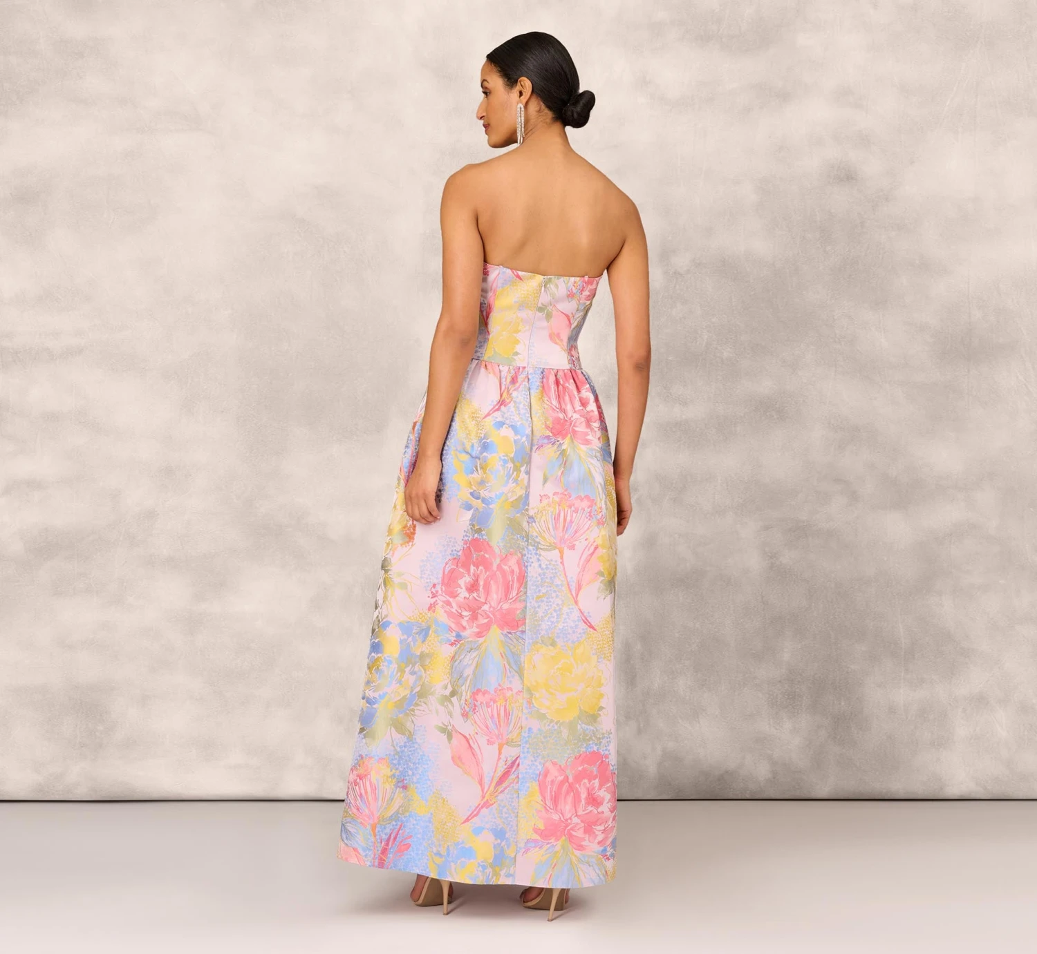 Strapless Floral Ball Gown With Drop Waist In Coral Multi 4 Strapless Floral Ball Gown With Drop Waist In Coral Multi - Image 4