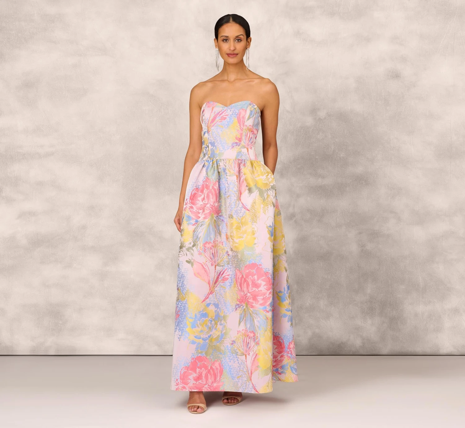 Strapless Floral Ball Gown With Drop Waist In Coral Multi 1 Strapless Floral Ball Gown With Drop Waist In Coral Multi