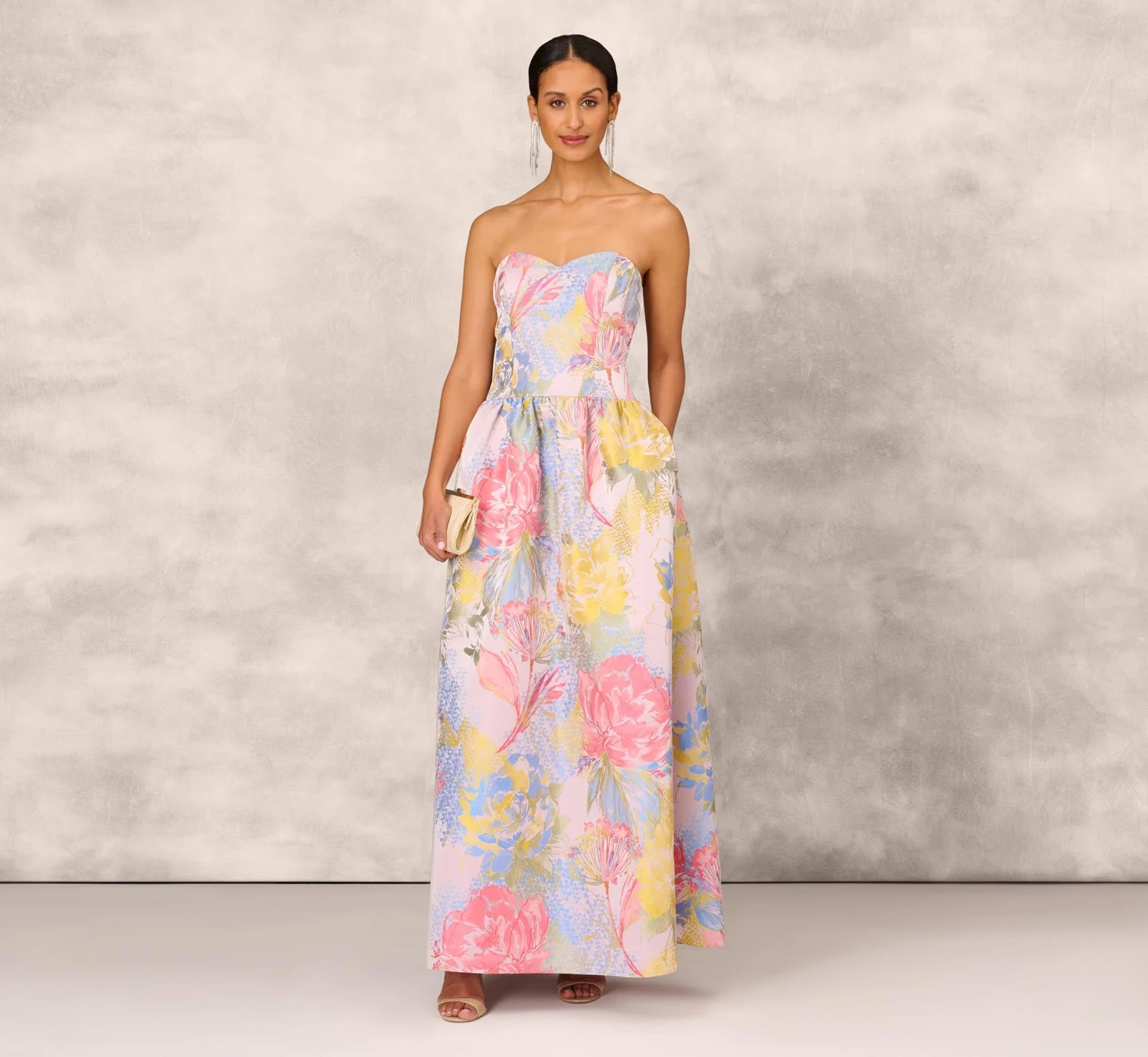 Strapless Floral Ball Gown With Drop Waist In Coral Multi 2 Strapless Floral Ball Gown With Drop Waist In Coral Multi - Image 2