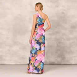 One Shoulder Draped Floral Gown With Thigh Slit In Navy Multi 10 One Shoulder Draped Floral Gown With Thigh Slit In Navy Multi -Glam Mirth Sales MD1E207918 AA980 Regular Back