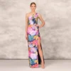 One Shoulder Draped Floral Gown With Thigh Slit In Navy Multi