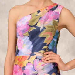 One Shoulder Draped Floral Gown With Thigh Slit In Navy Multi 13 One Shoulder Draped Floral Gown With Thigh Slit In Navy Multi -Glam Mirth Sales MD1E207918 AA980 Regular Detail