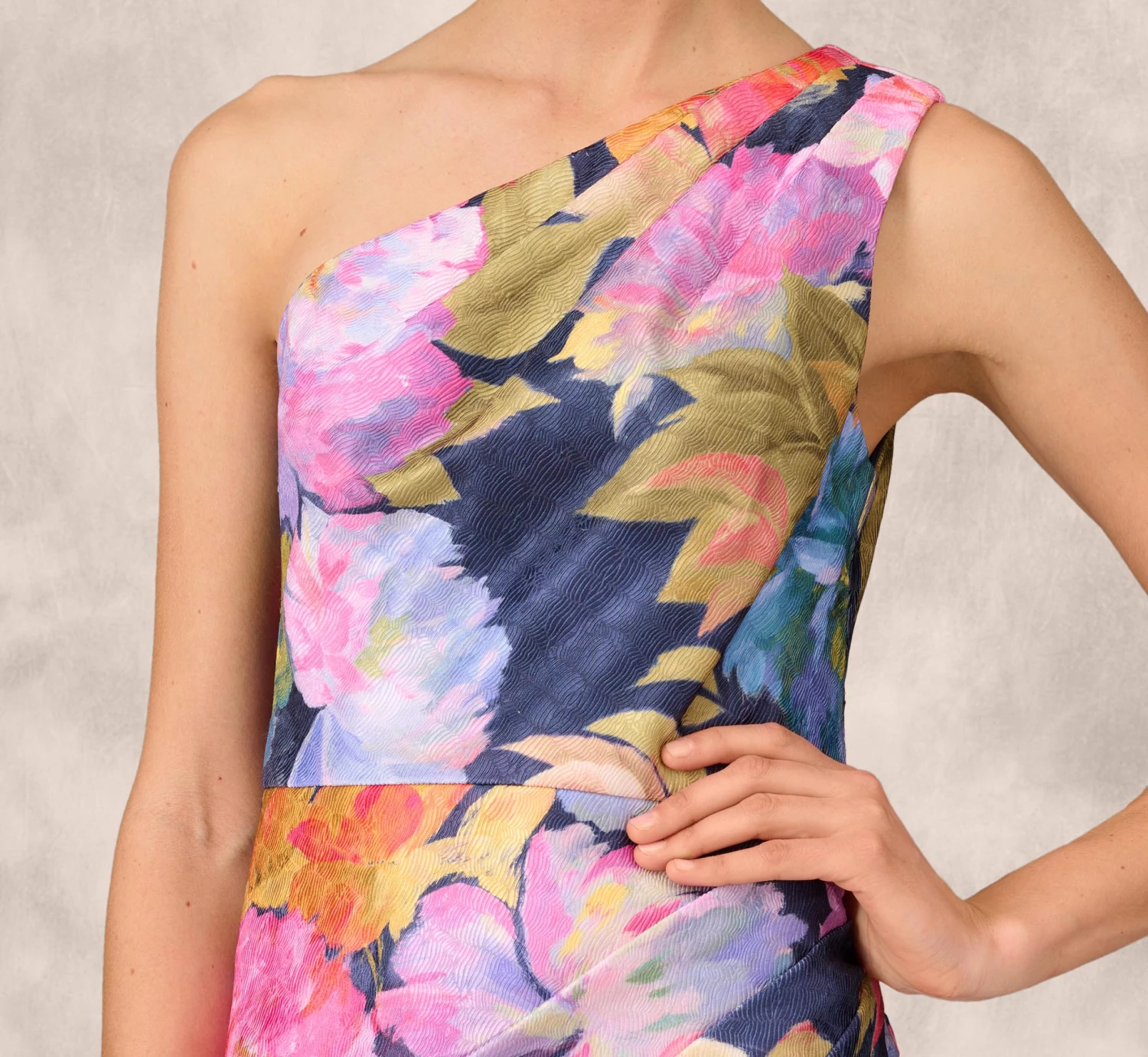 One Shoulder Draped Floral Gown With Thigh Slit In Navy Multi 6 One Shoulder Draped Floral Gown With Thigh Slit In Navy Multi - Image 6