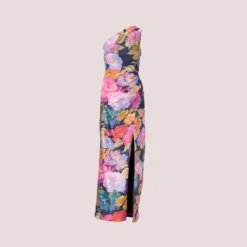 One Shoulder Draped Floral Gown With Thigh Slit In Navy Multi 12 One Shoulder Draped Floral Gown With Thigh Slit In Navy Multi -Glam Mirth Sales MD1E207918 AA980 Regular Flat