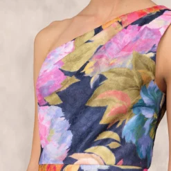 One Shoulder Draped Floral Gown With Thigh Slit In Navy Multi 14 One Shoulder Draped Floral Gown With Thigh Slit In Navy Multi -Glam Mirth Sales MD1E207918 AA980 Regular Lifestyle