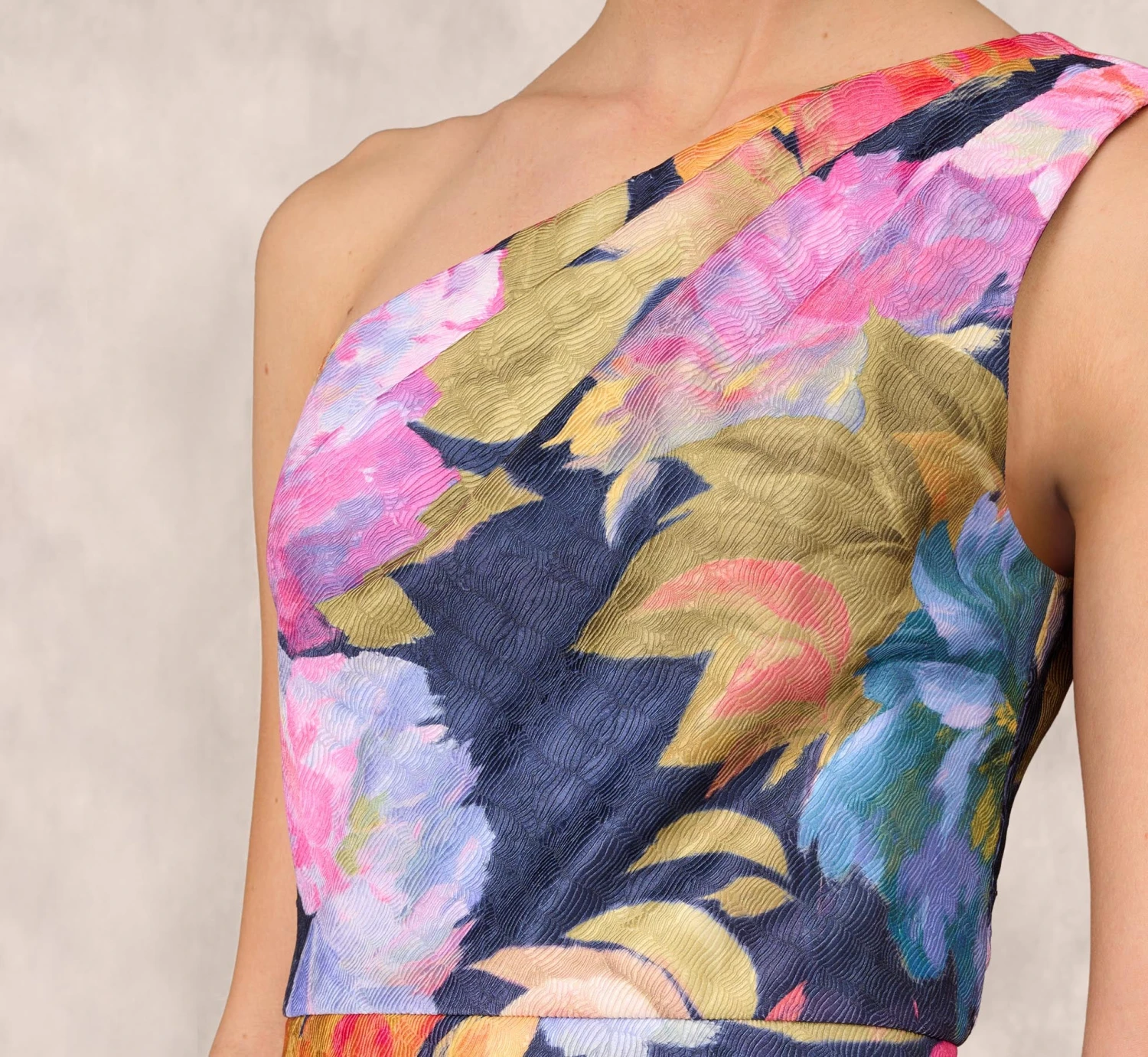 One Shoulder Draped Floral Gown With Thigh Slit In Navy Multi 7 One Shoulder Draped Floral Gown With Thigh Slit In Navy Multi - Image 7