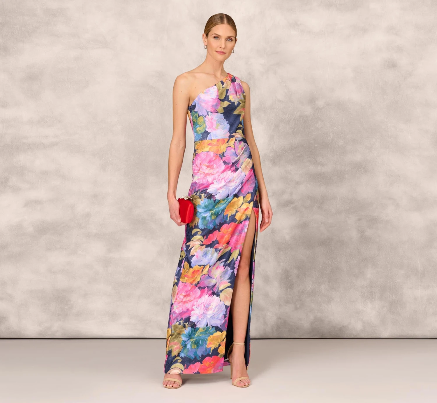 One Shoulder Draped Floral Gown With Thigh Slit In Navy Multi 2 One Shoulder Draped Floral Gown With Thigh Slit In Navy Multi - Image 2