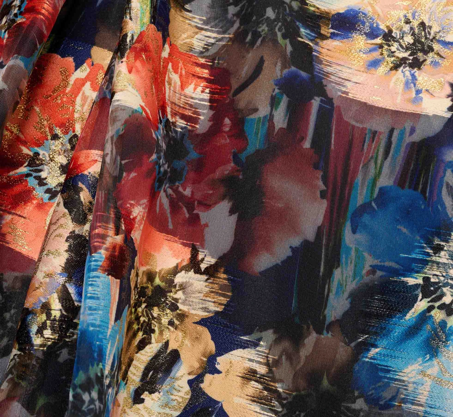 Floral Printed Metallic Organza Burnout One Shoulder Long Ball Gown With Pockets And Slit In Blue Multi 6 Floral Printed Metallic Organza Burnout One Shoulder Long Ball Gown With Pockets And Slit In Blue Multi - Image 6