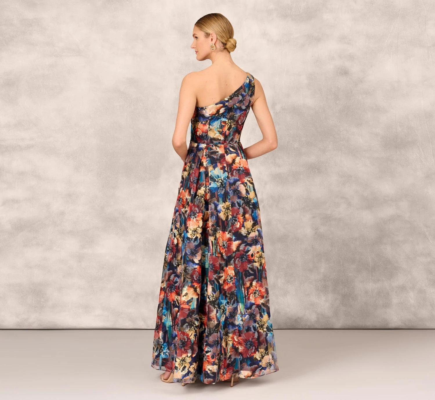 Floral Printed Metallic Organza Burnout One Shoulder Long Ball Gown With Pockets And Slit In Blue Multi 4 Floral Printed Metallic Organza Burnout One Shoulder Long Ball Gown With Pockets And Slit In Blue Multi - Image 4