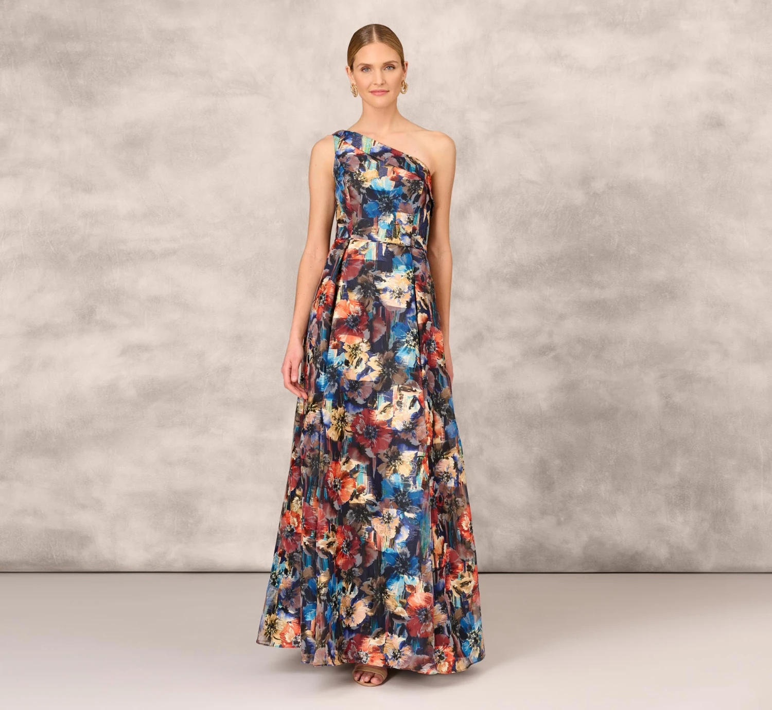 Floral Printed Metallic Organza Burnout One Shoulder Long Ball Gown With Pockets And Slit In Blue Multi 1 Floral Printed Metallic Organza Burnout One Shoulder Long Ball Gown With Pockets And Slit In Blue Multi